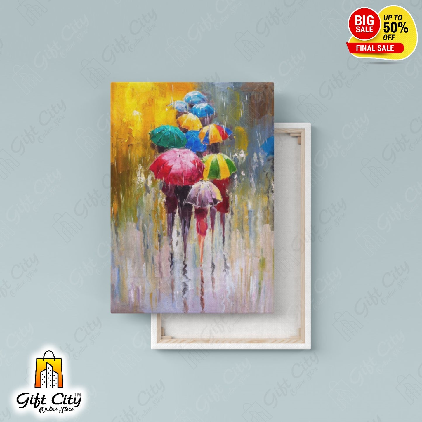 People With Umbrellas In Rain Canvas Painting with Frame Wall for Home Decor