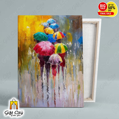 People With Umbrellas In Rain Canvas Painting with Frame Wall for Home Decor