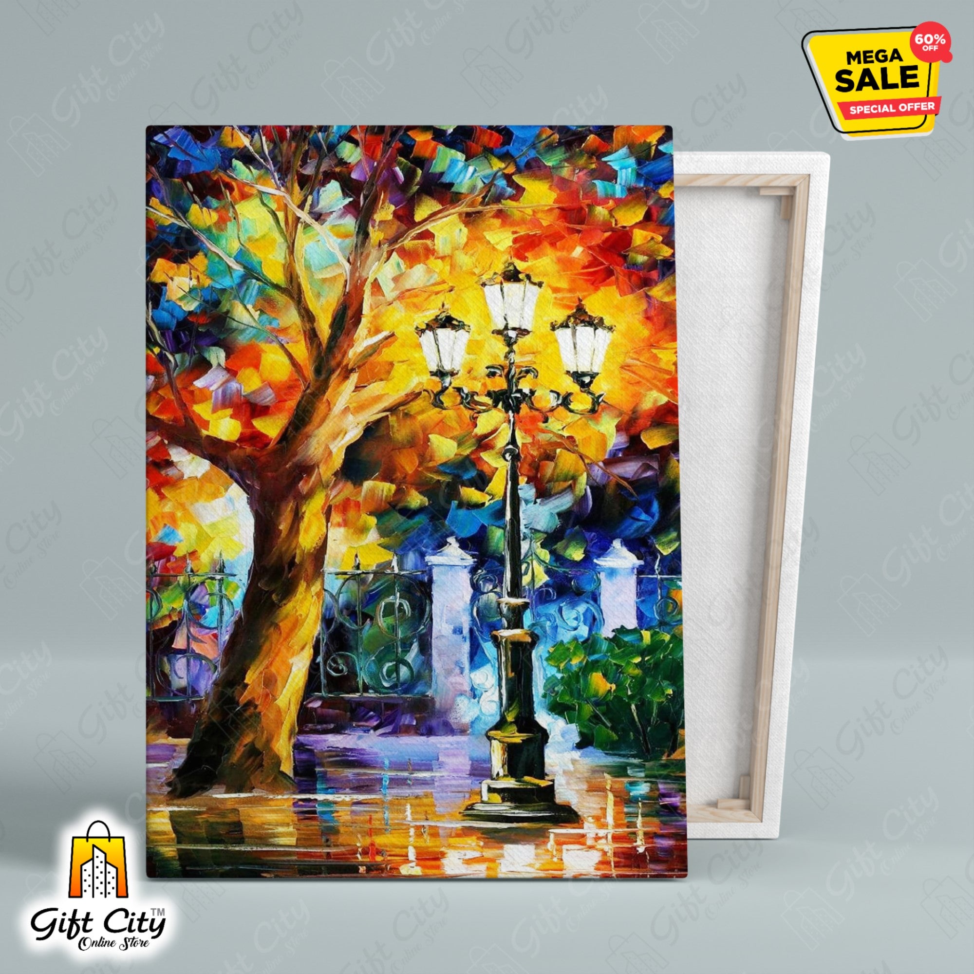 Street Light & Tree Romantic Aura Palette Knife Oil Painting