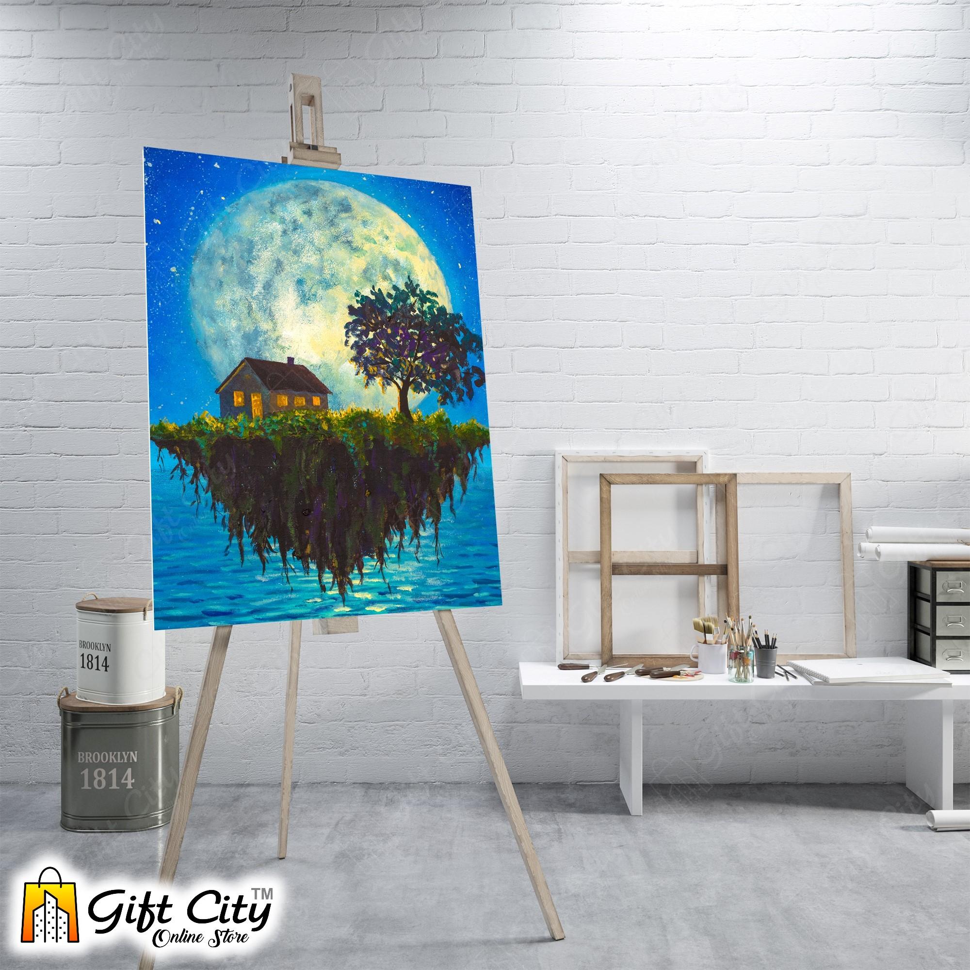 Flying Island Front Of Moon Art Canvas Painting Digital Art for Home Décor