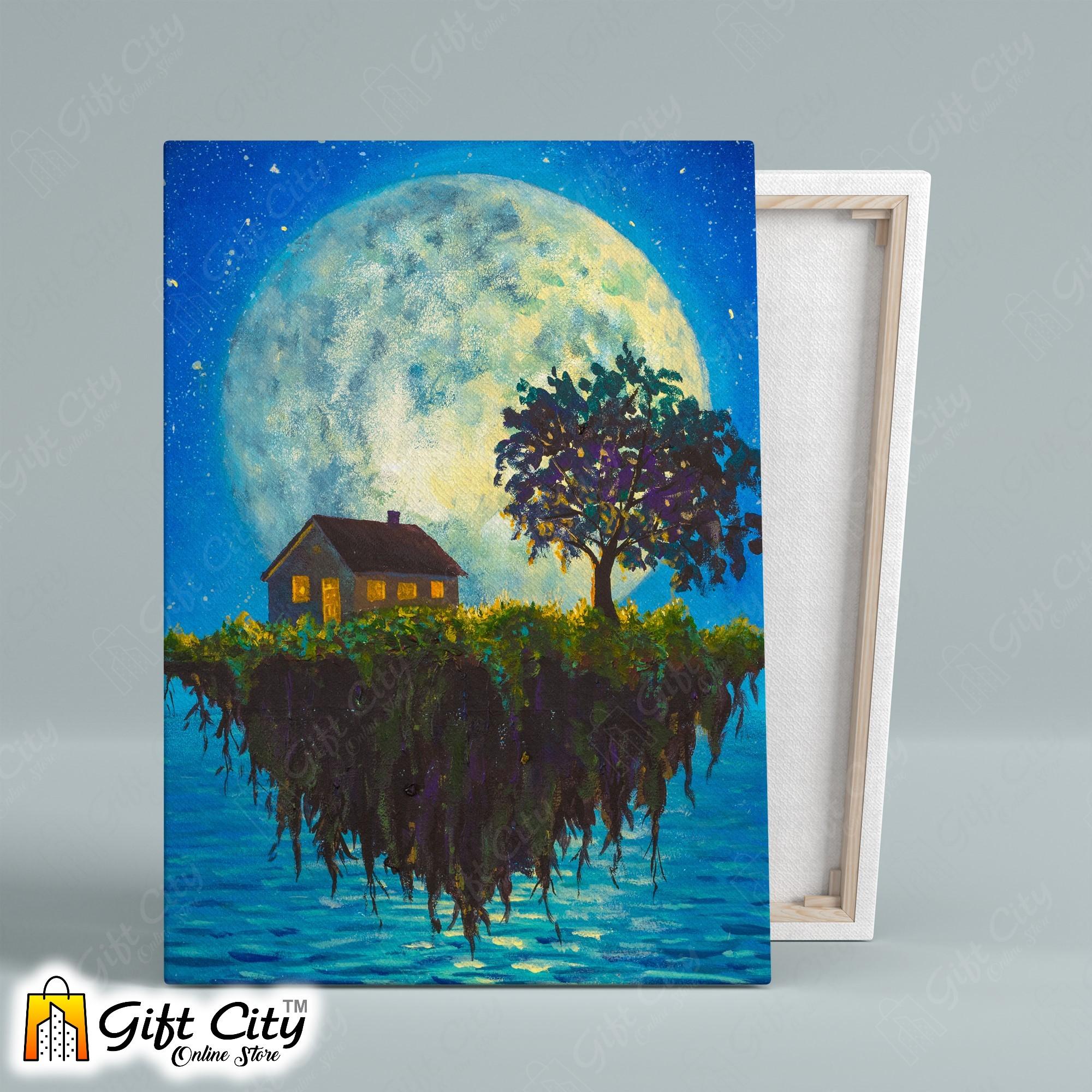 Flying Island Front Of Moon Art Canvas Painting Digital Art for Home Décor