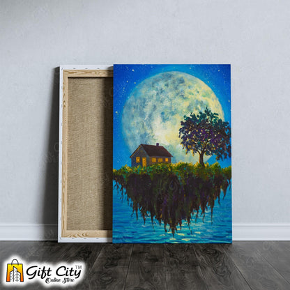 Flying Island Front Of Moon Art Canvas Painting Digital Art for Home Décor