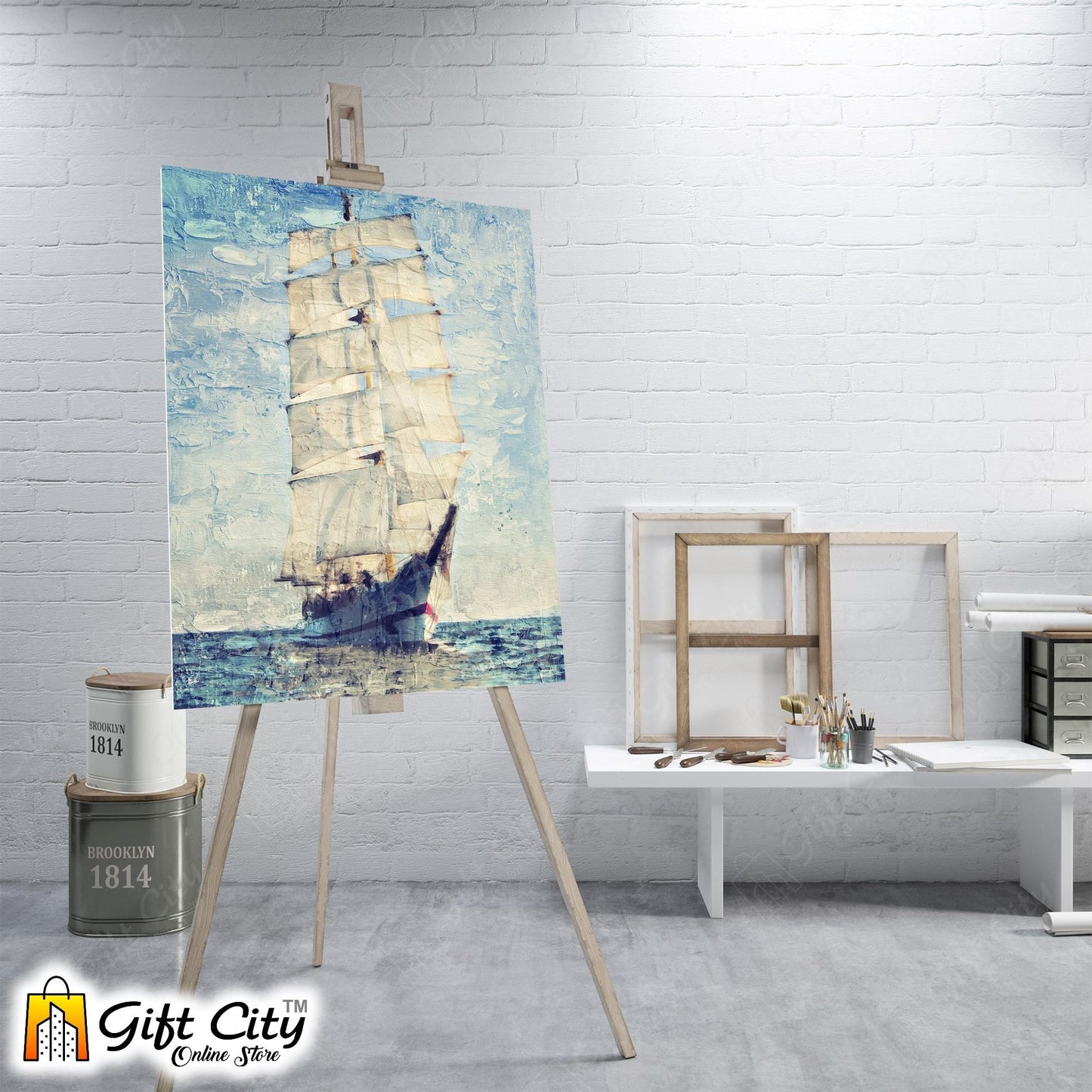 Yacht In Blue Ocean Palette Knife Art Canvas Painting 