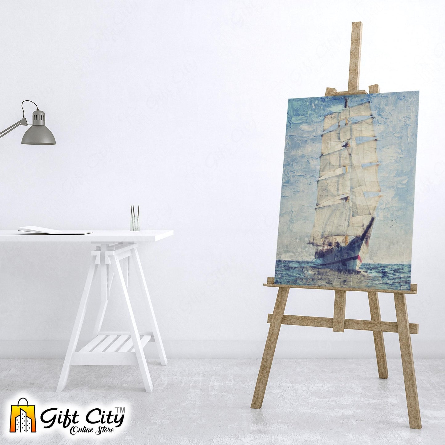 Yacht In Blue Ocean Palette Knife Art Canvas Painting 