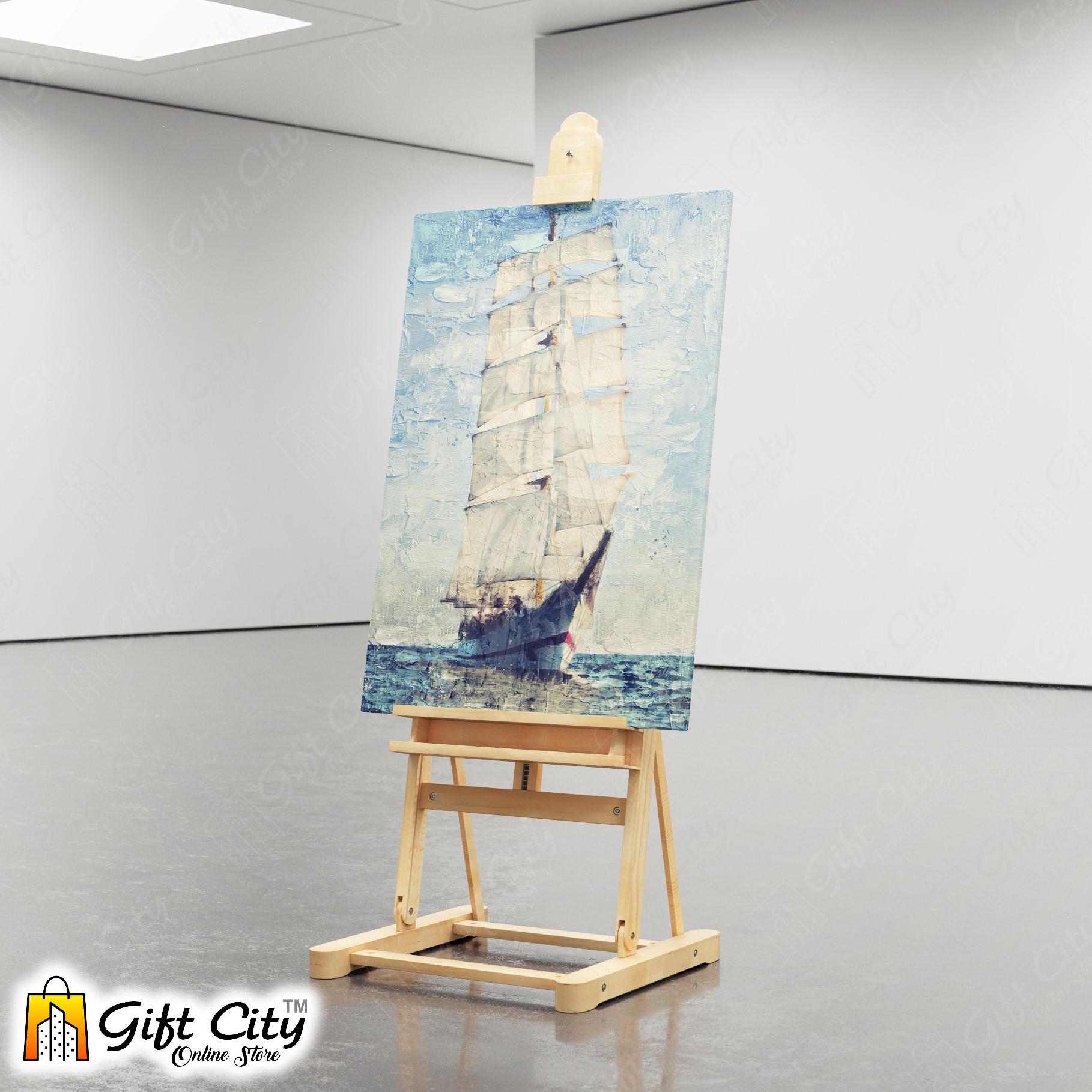 Yacht In Blue Ocean Palette Knife Art Canvas Painting 