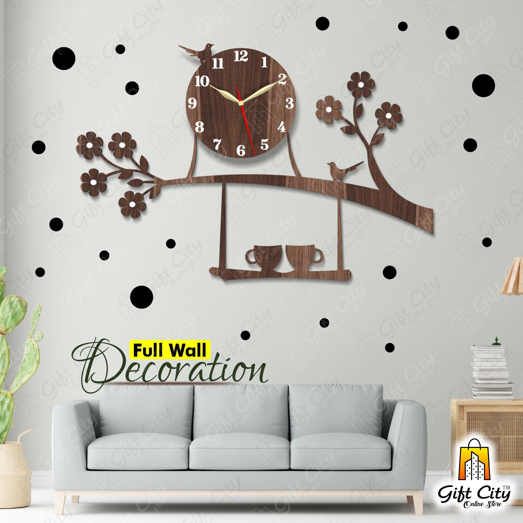 Bird on Tree with Coffee Cup Wooden Wall Clock