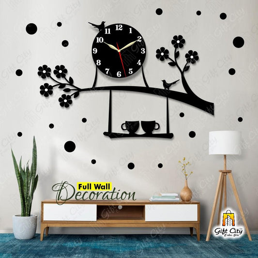 Bird on Tree with Coffee Cup Wooden Wall Clock