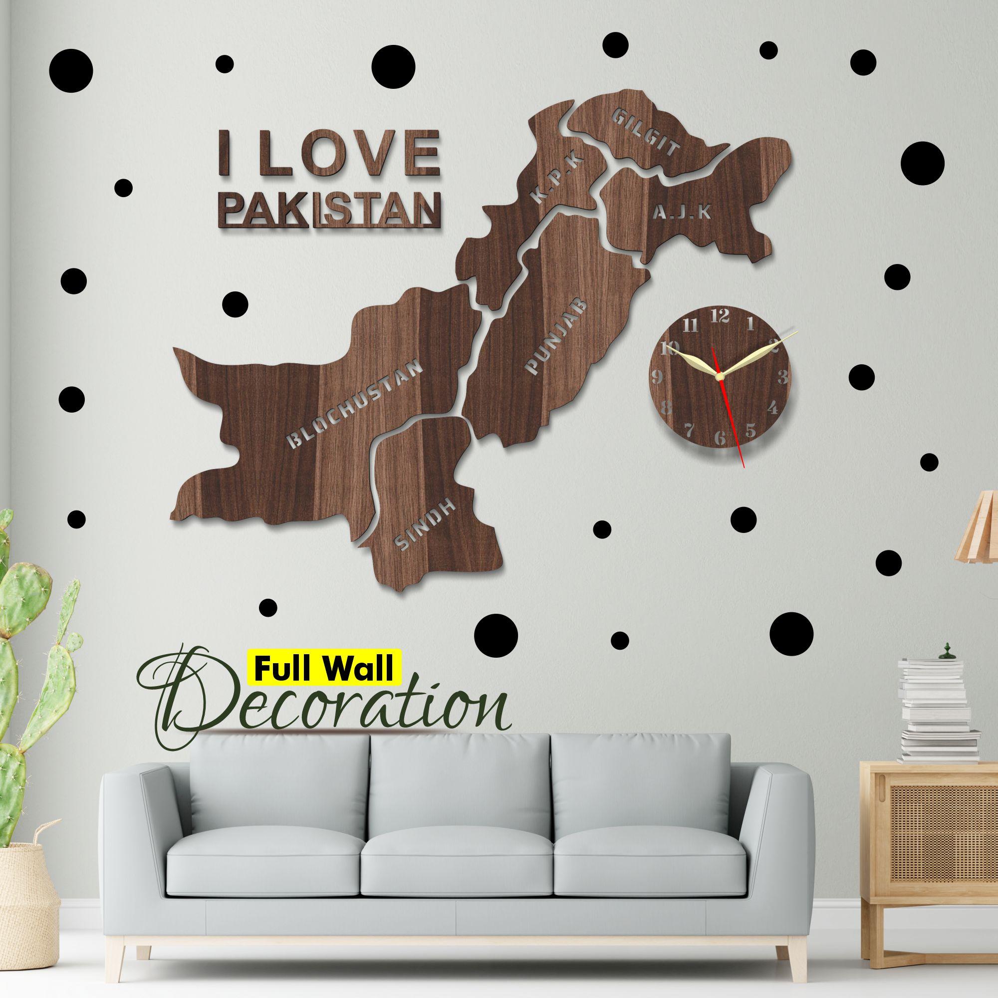 I Love Pakistan Map Wooden Wall Clock 