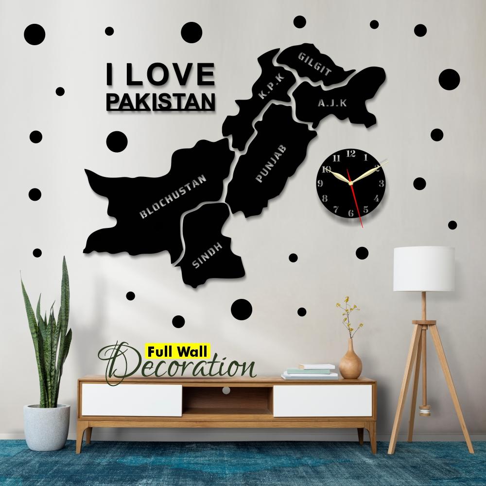 I Love Pakistan Map Wooden Wall Clock 