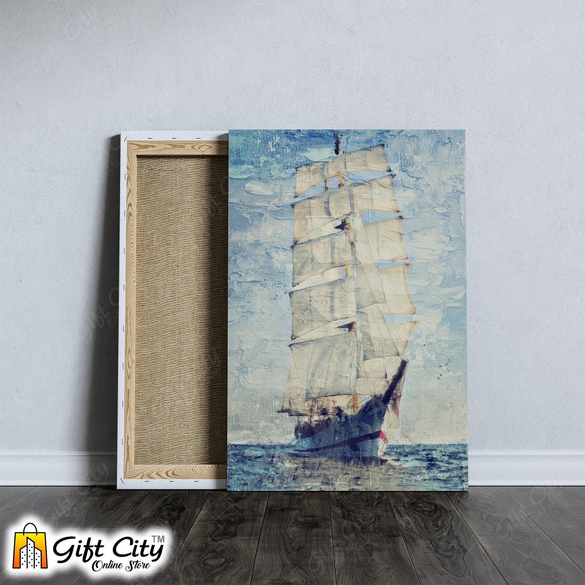 Yacht In Blue Ocean Palette Knife Art Canvas Painting 