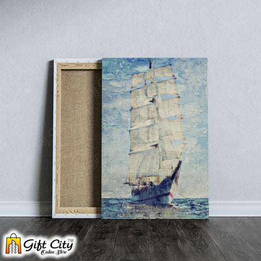 Yacht In Blue Ocean Palette Knife Art Canvas Painting 