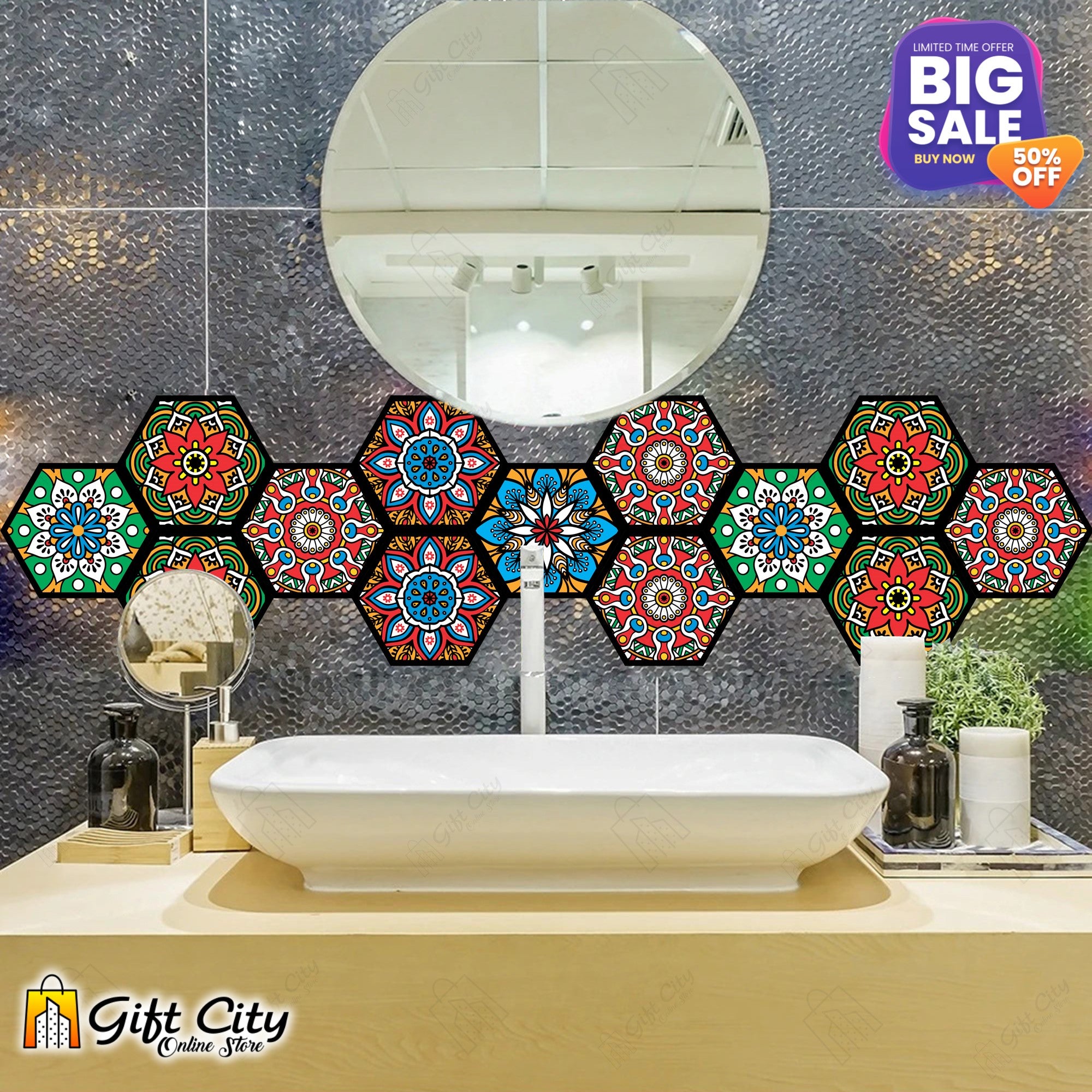 Hexagon Shape Colorful Mandala Pattern Design Tile Stickers