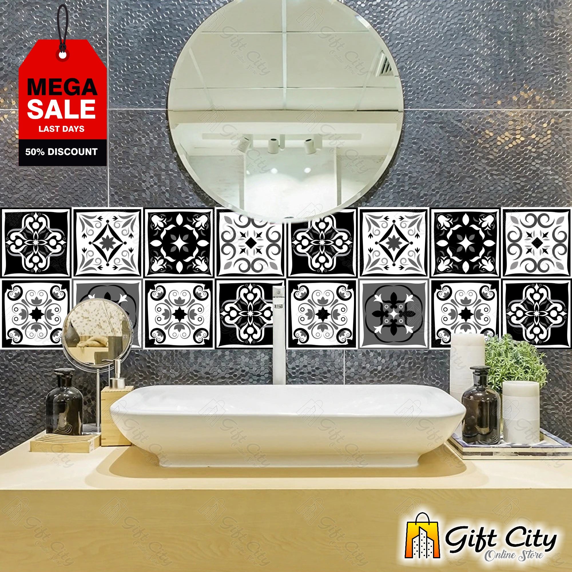 Black and White Multi Pattern Design Tile Stickers