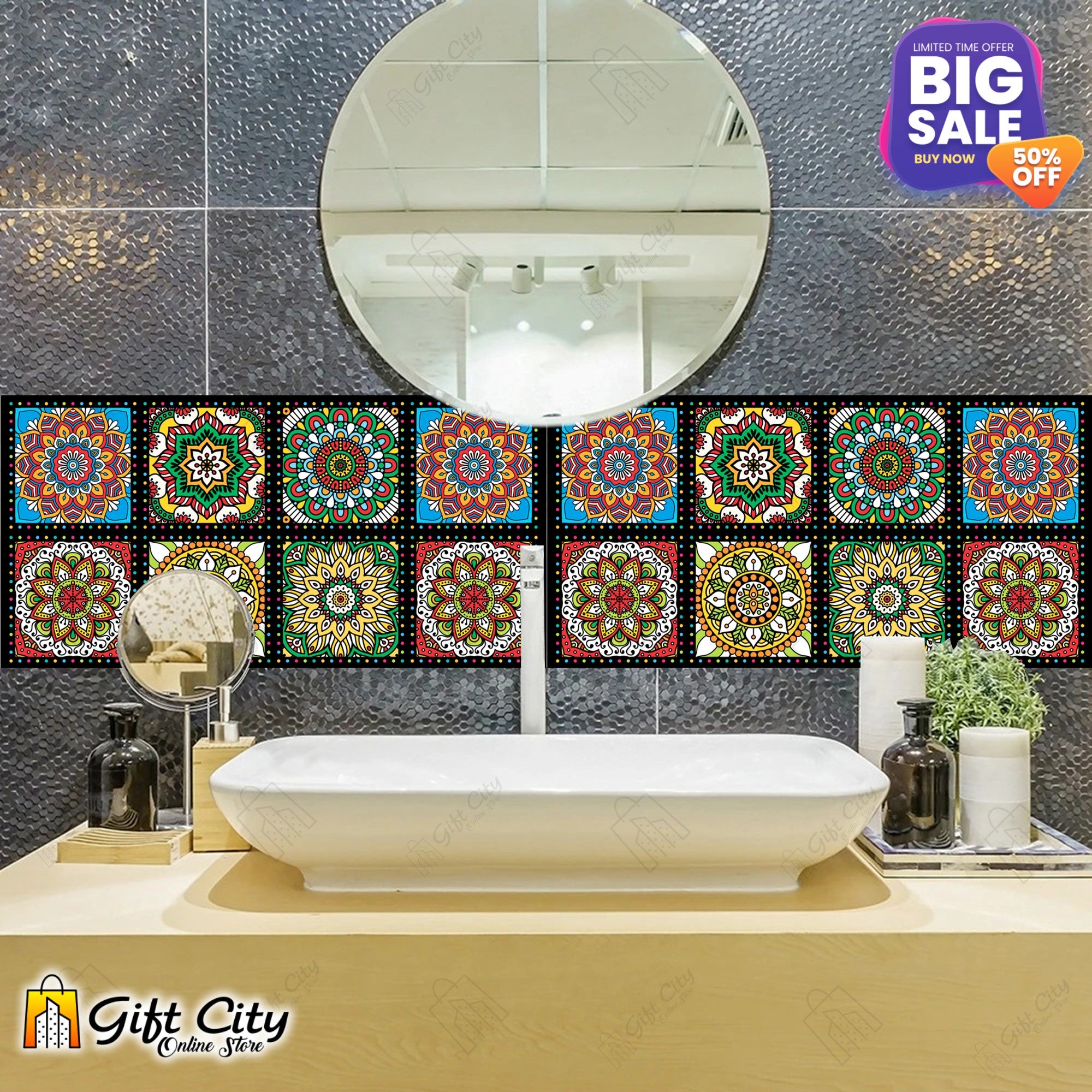 Colorful Mandala Pattern with Black Border Tile Stickers