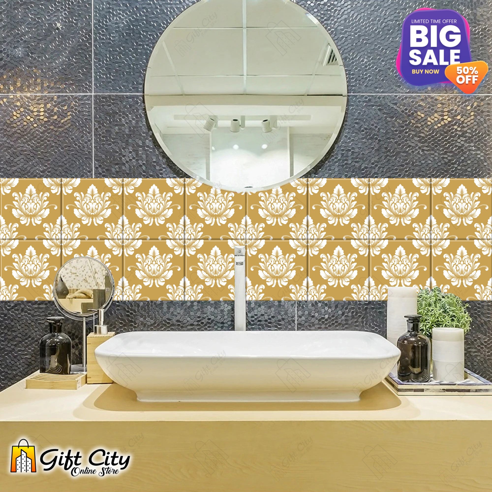 Golden Pattern Design Wall Decorative Self Adhesive Tile Stickers