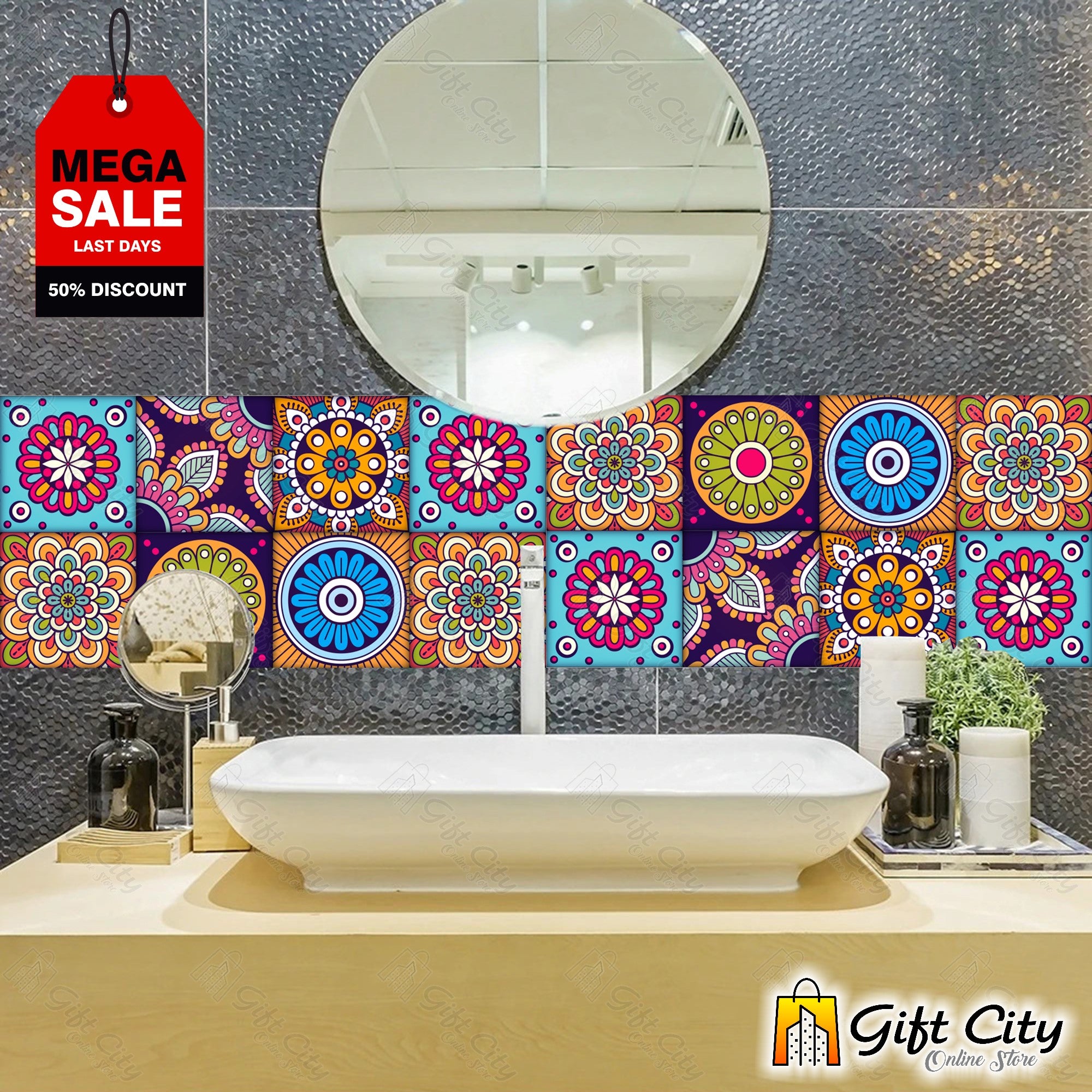 Colorful Mandala Pattern Self Adhesive Kitchen Tile Stickers