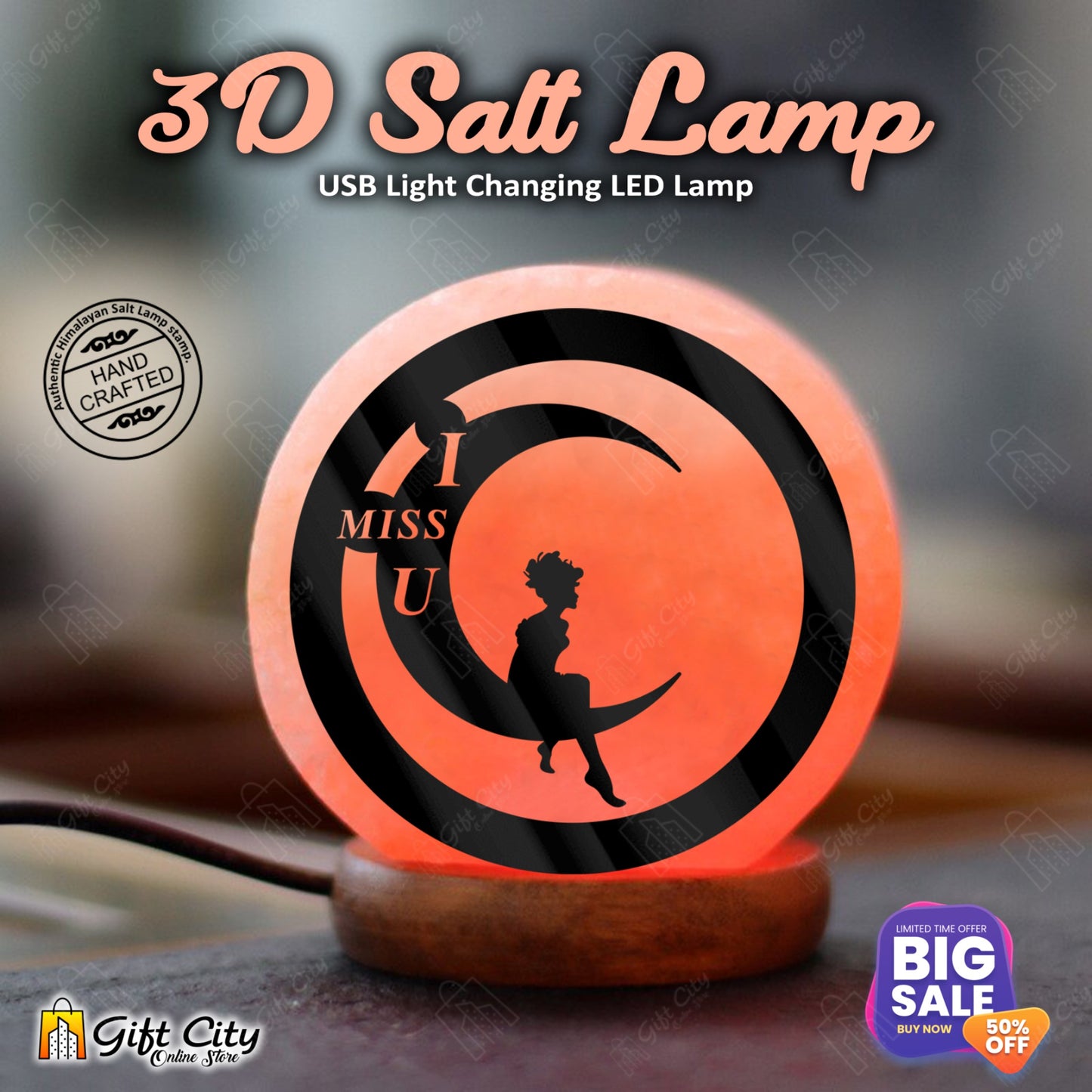 I Miss You Girl Siting on Moon 3D 7 Color Changing Acrylic Sheet Salt Lamp