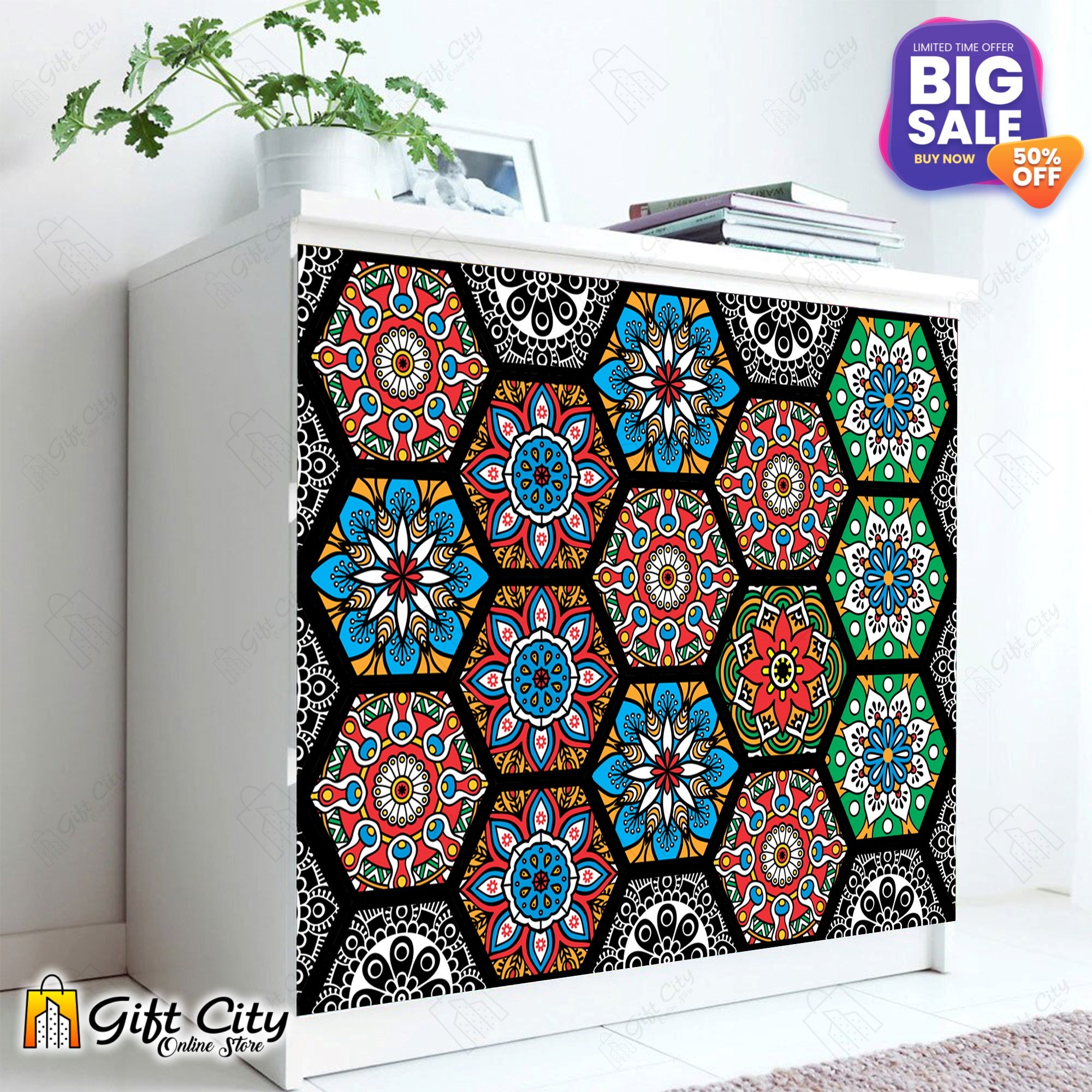 Hexagon Shape Colorful Mandala Pattern Design Tile Stickers