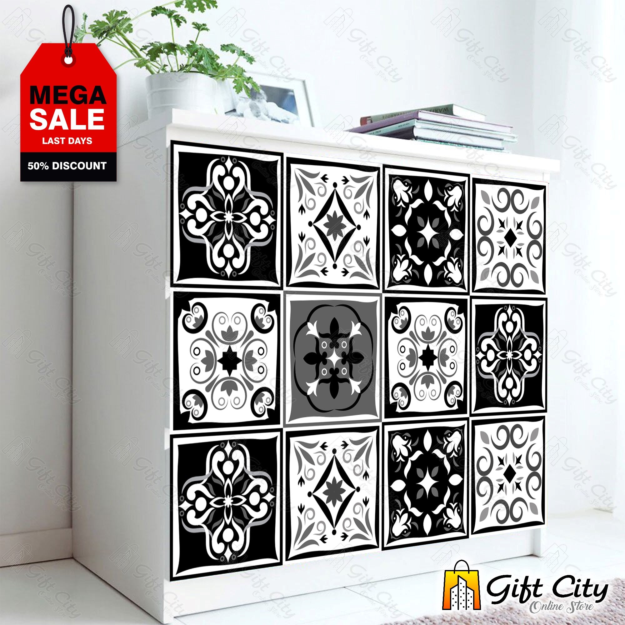 Black and White Multi Pattern Design Tile Stickers