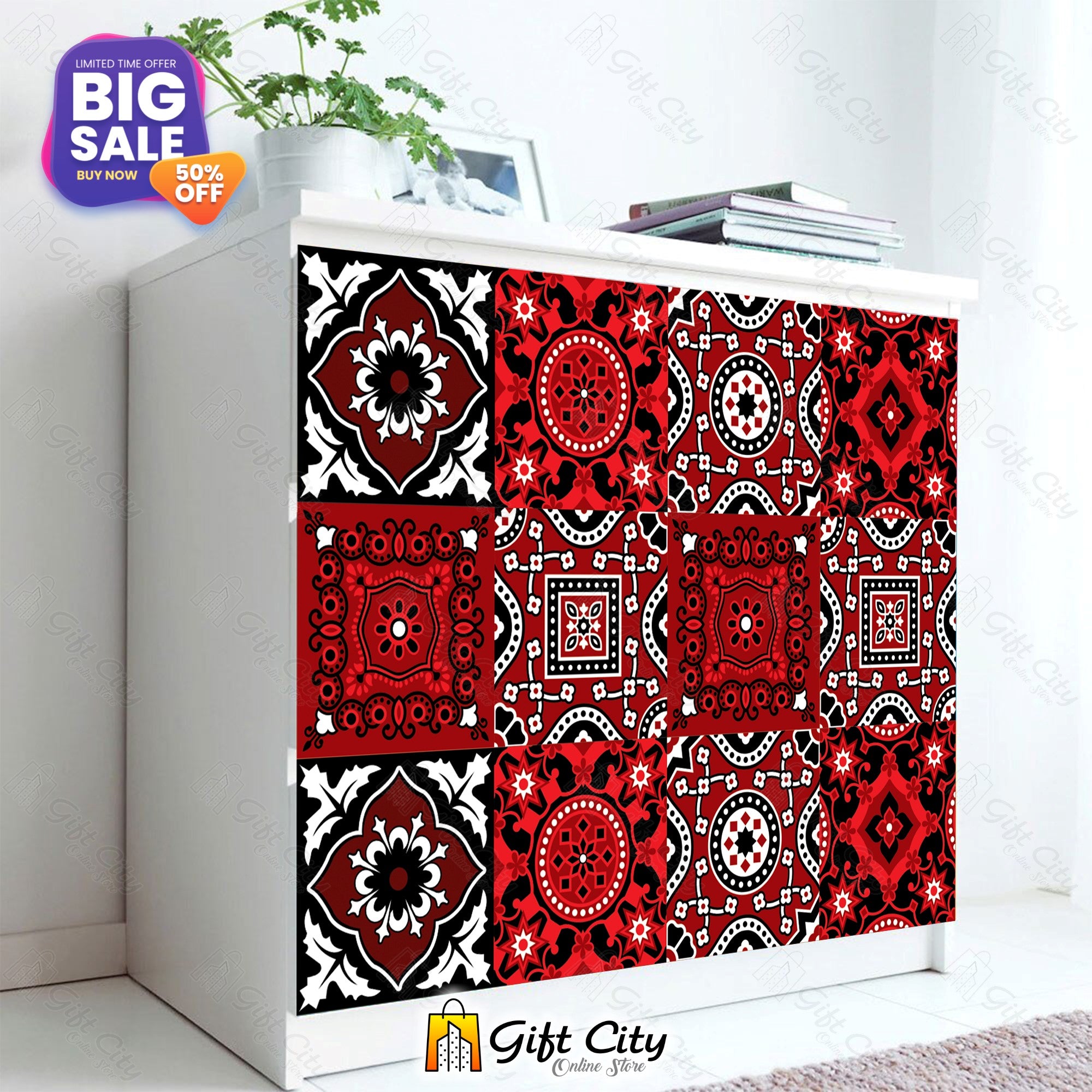  Ajrak Sindhi Black and Red Design Tile Stickers 