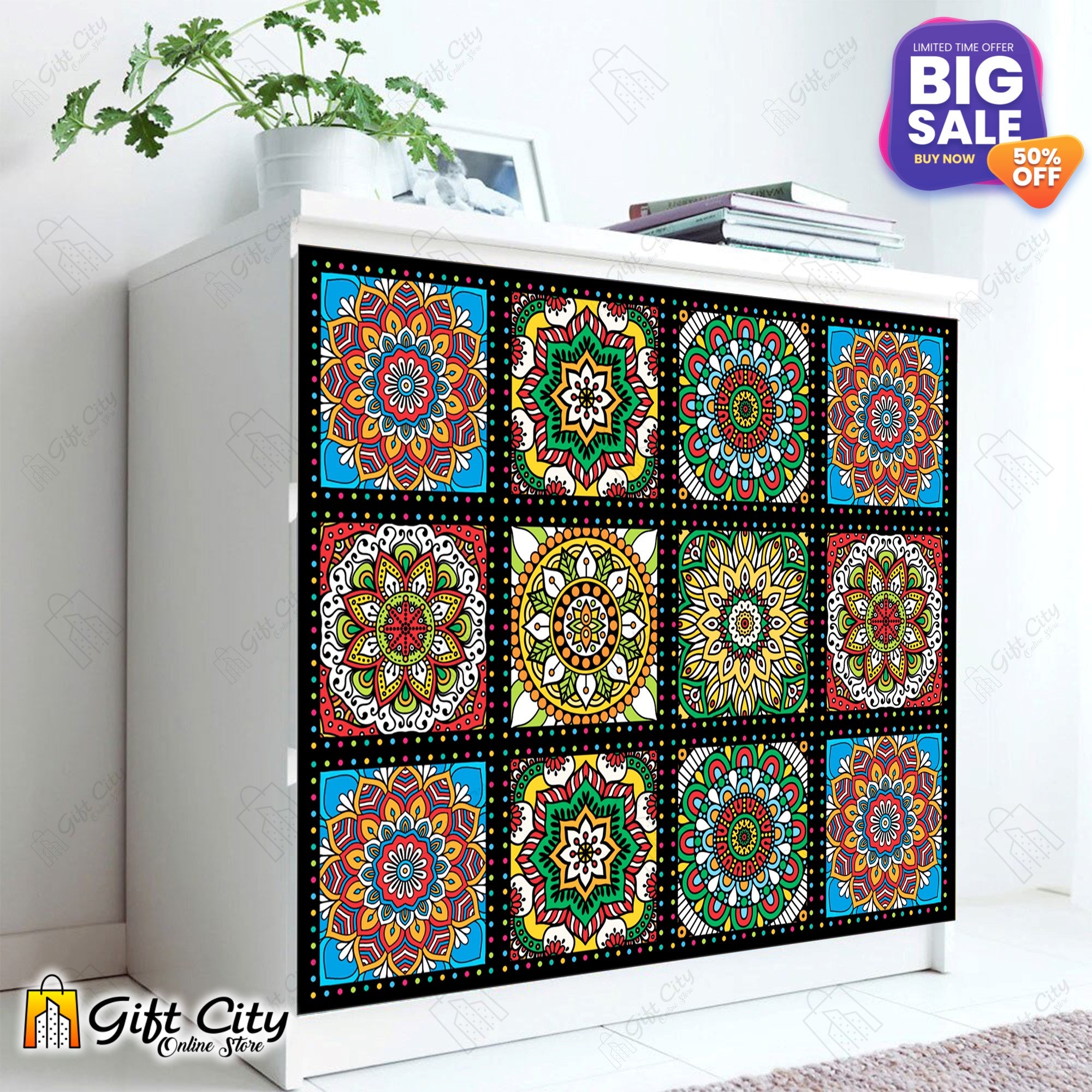 Colorful Mandala Pattern with Black Border Tile Stickers