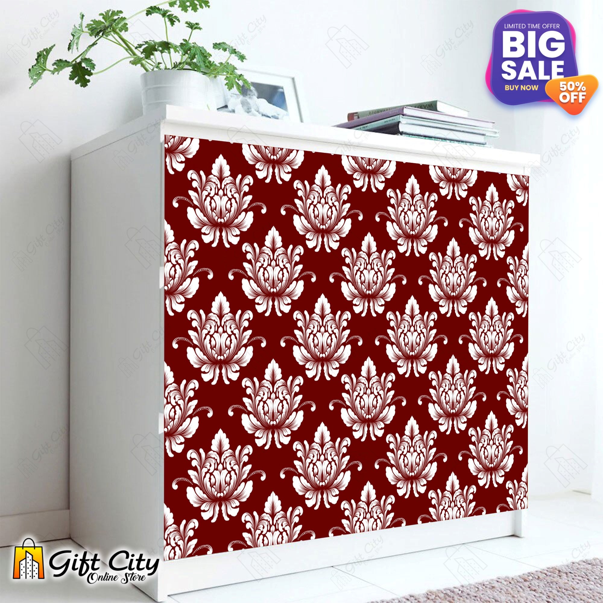 Mehroon and White Pattern Design Tile Stickers