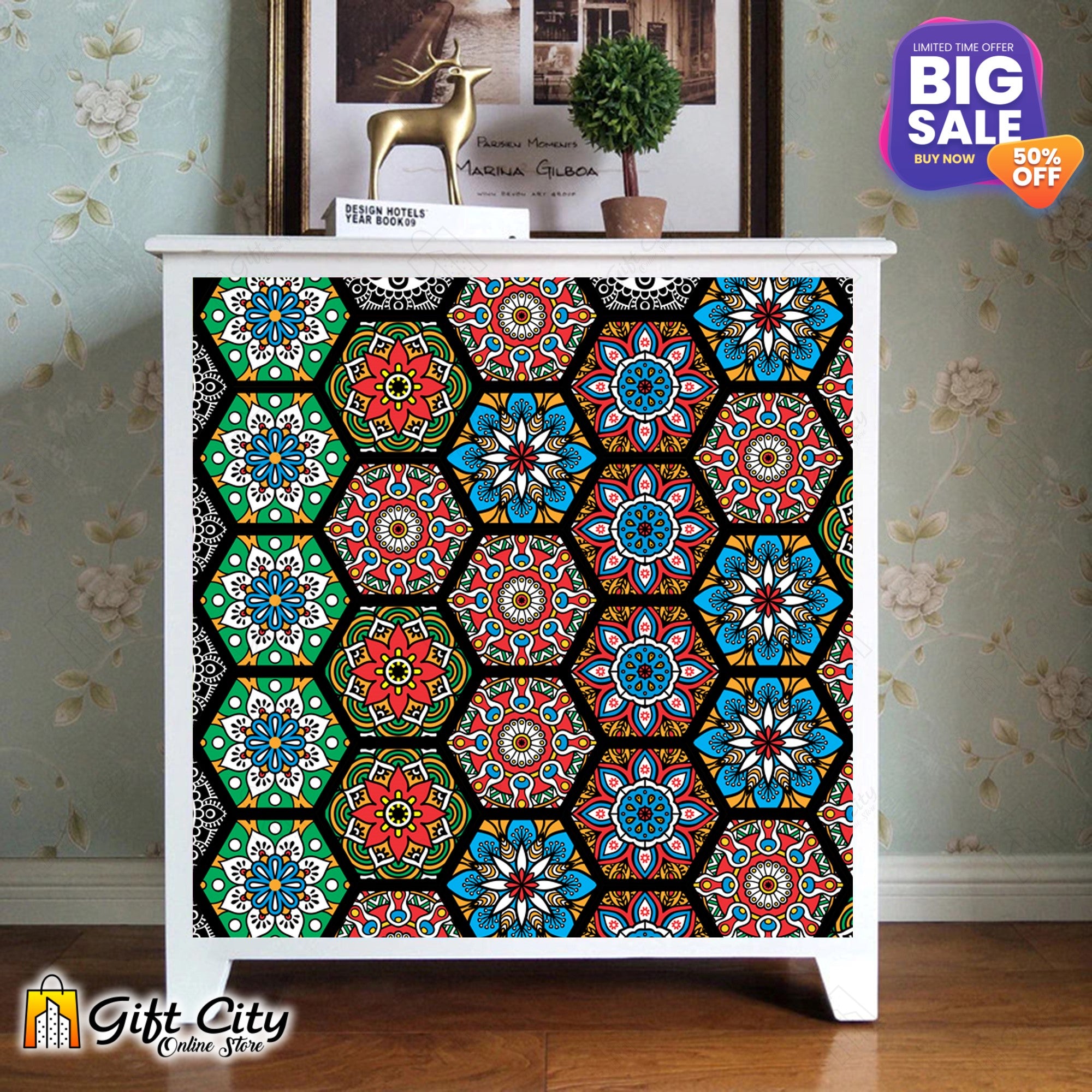 Hexagon Shape Colorful Mandala Pattern Design Tile Stickers