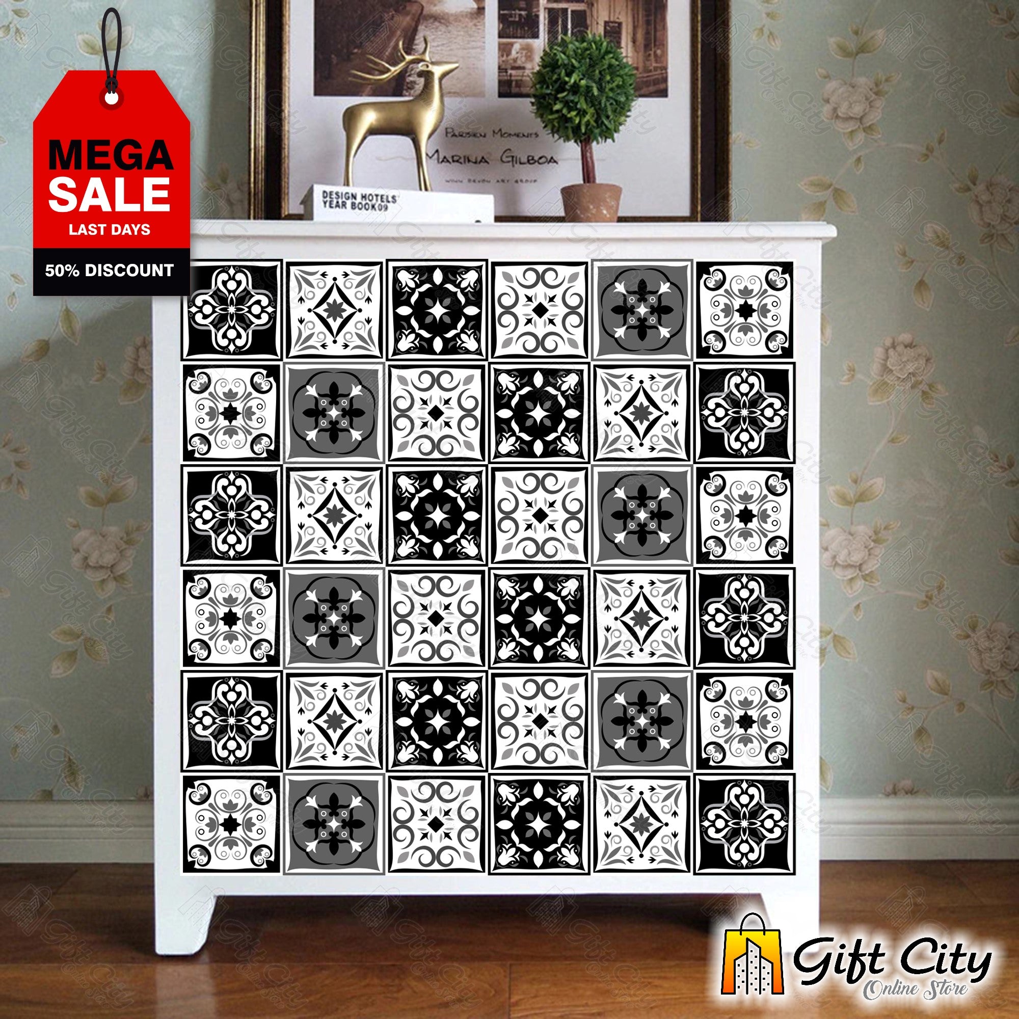 Black and White Multi Pattern Design Tile Stickers