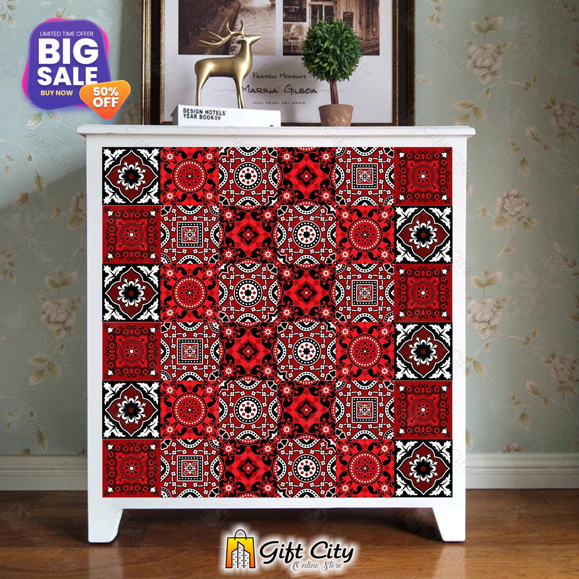  Ajrak Sindhi Black and Red Design Tile Stickers 