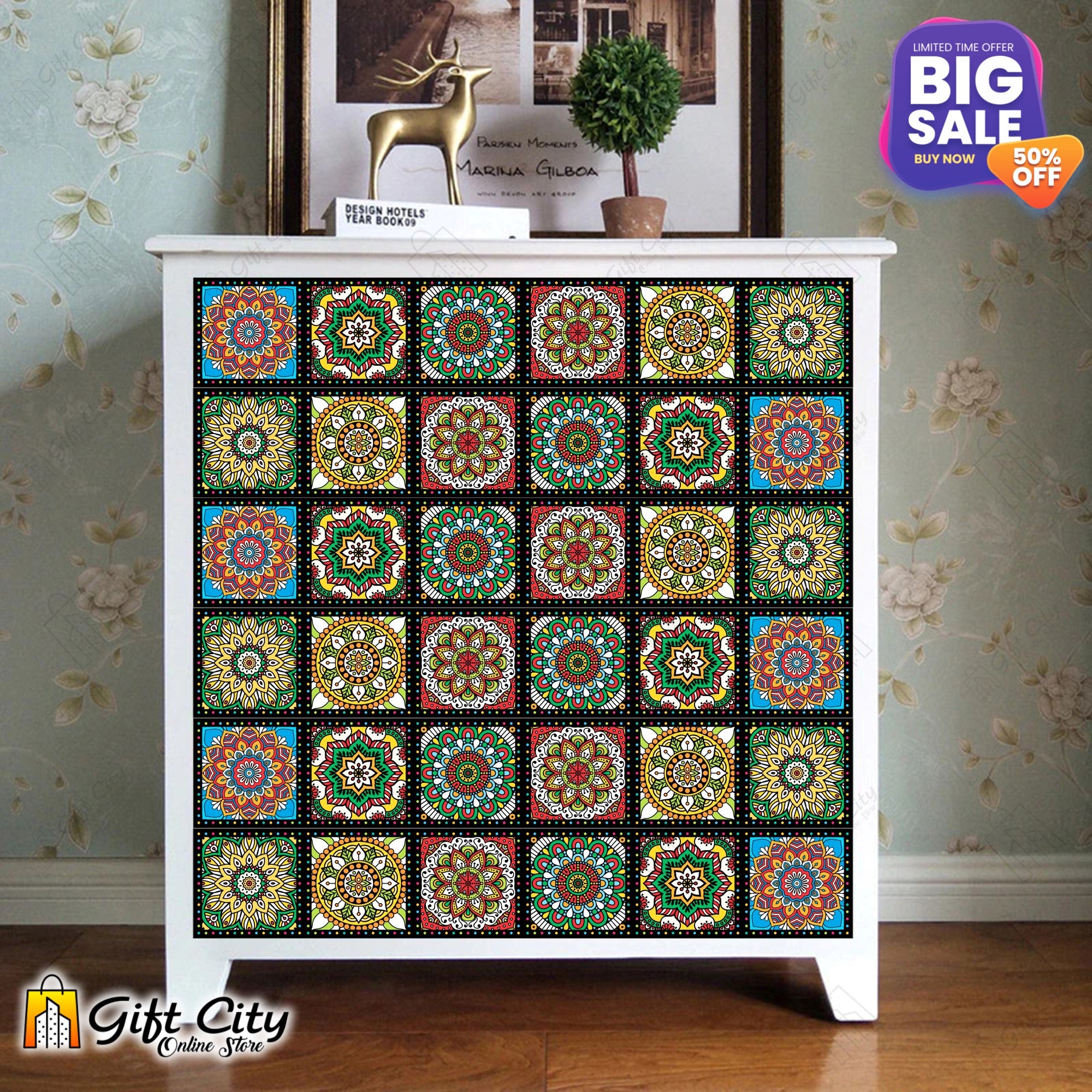 Colorful Mandala Pattern with Black Border Tile Stickers