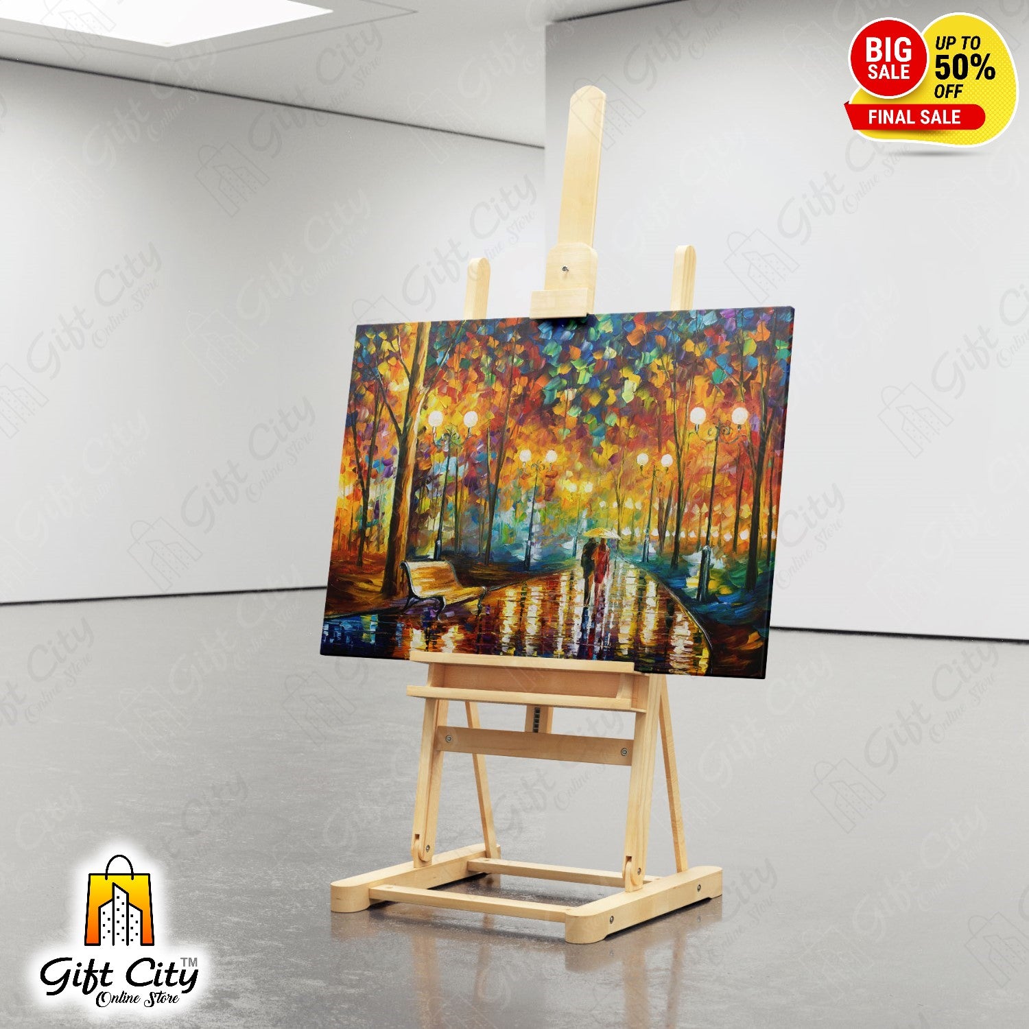 Romantic Couple Walking Palette Knife Canvas Painting