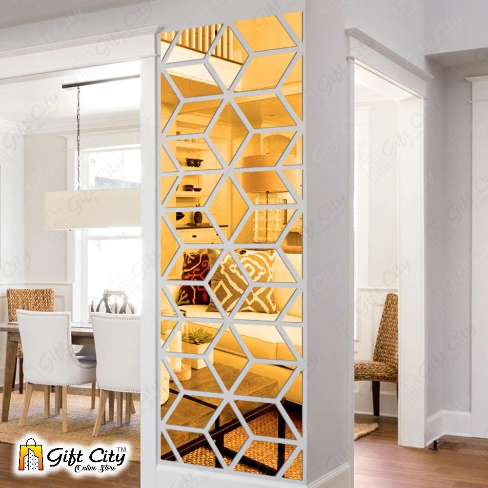 3D Rhombus Triangle Golden Acrylic Mirror Wall Art Stickers - Gift City