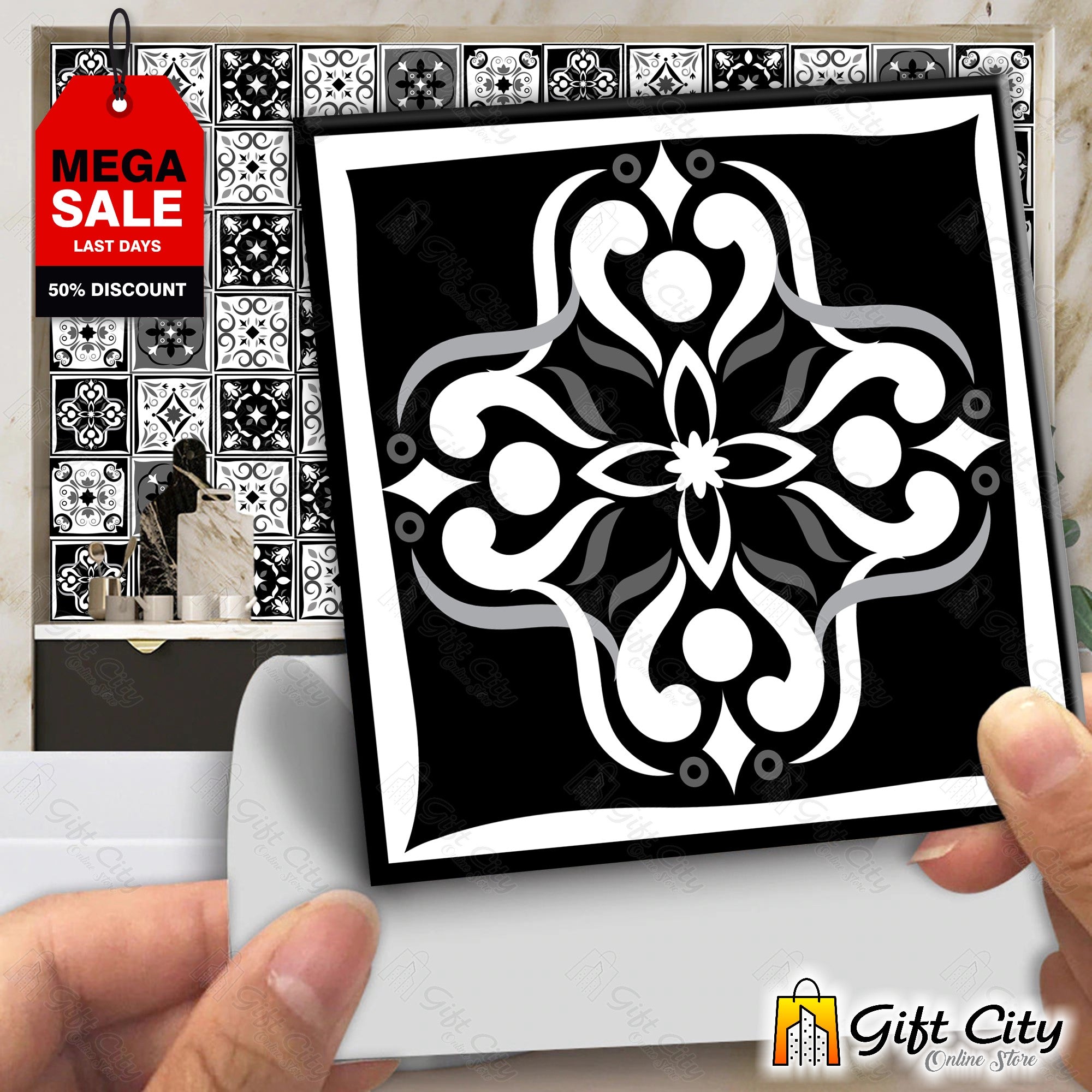 Black and White Multi Pattern Design Tile Stickers