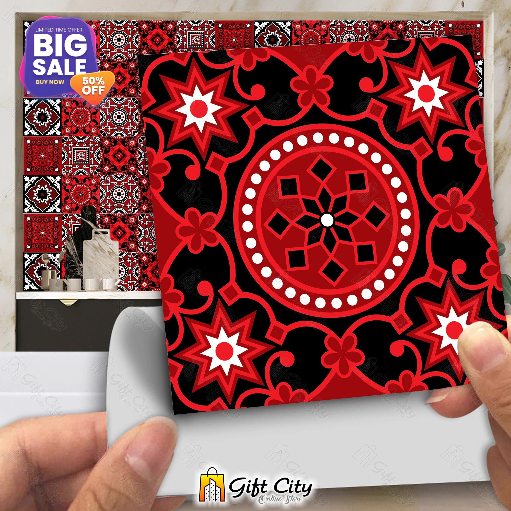  Ajrak Sindhi Black and Red Design Tile Stickers 