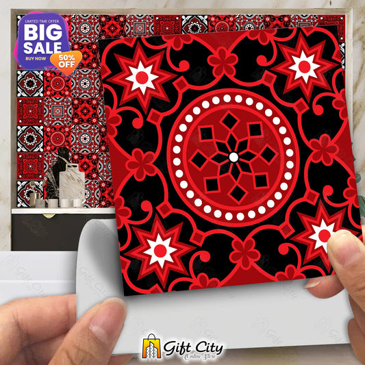  Ajrak Sindhi Black and Red Design Tile Stickers 