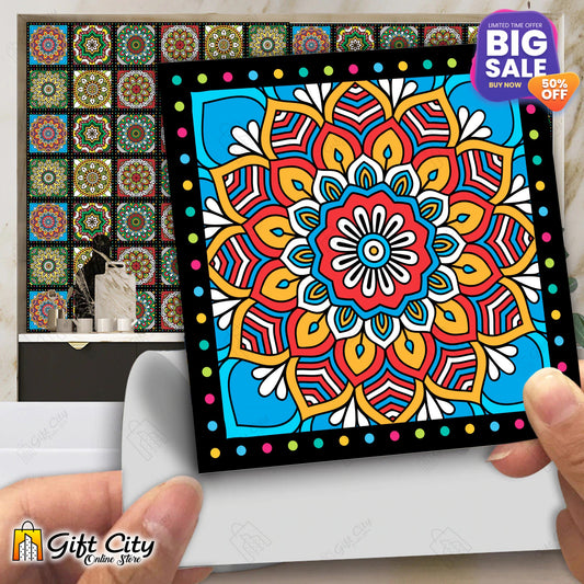 Colorful Mandala Pattern with Black Border Tile Stickers
