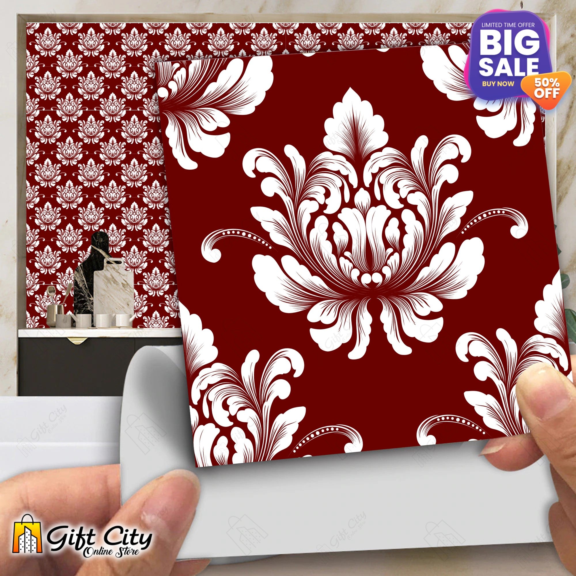 Mehroon and White Pattern Design Tile Stickers