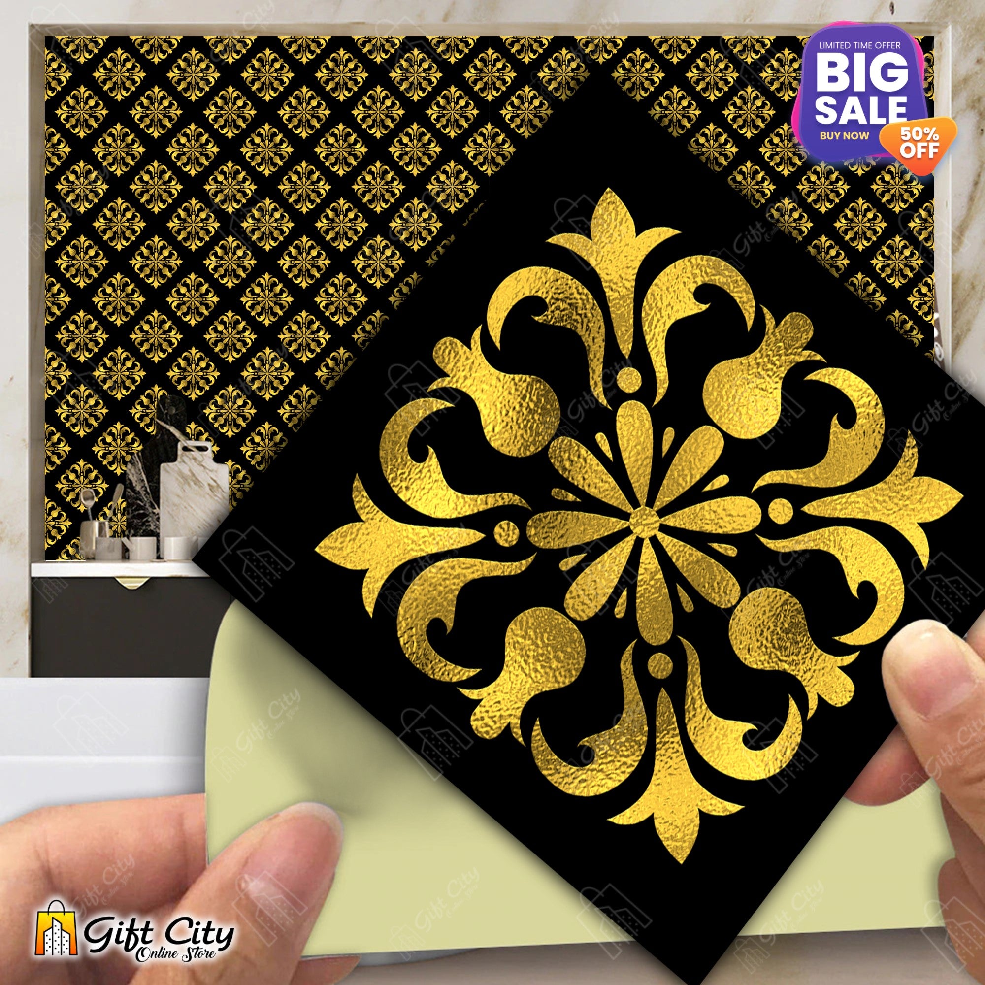 Self Adhesive Flower Golden Foil Tile Stickers