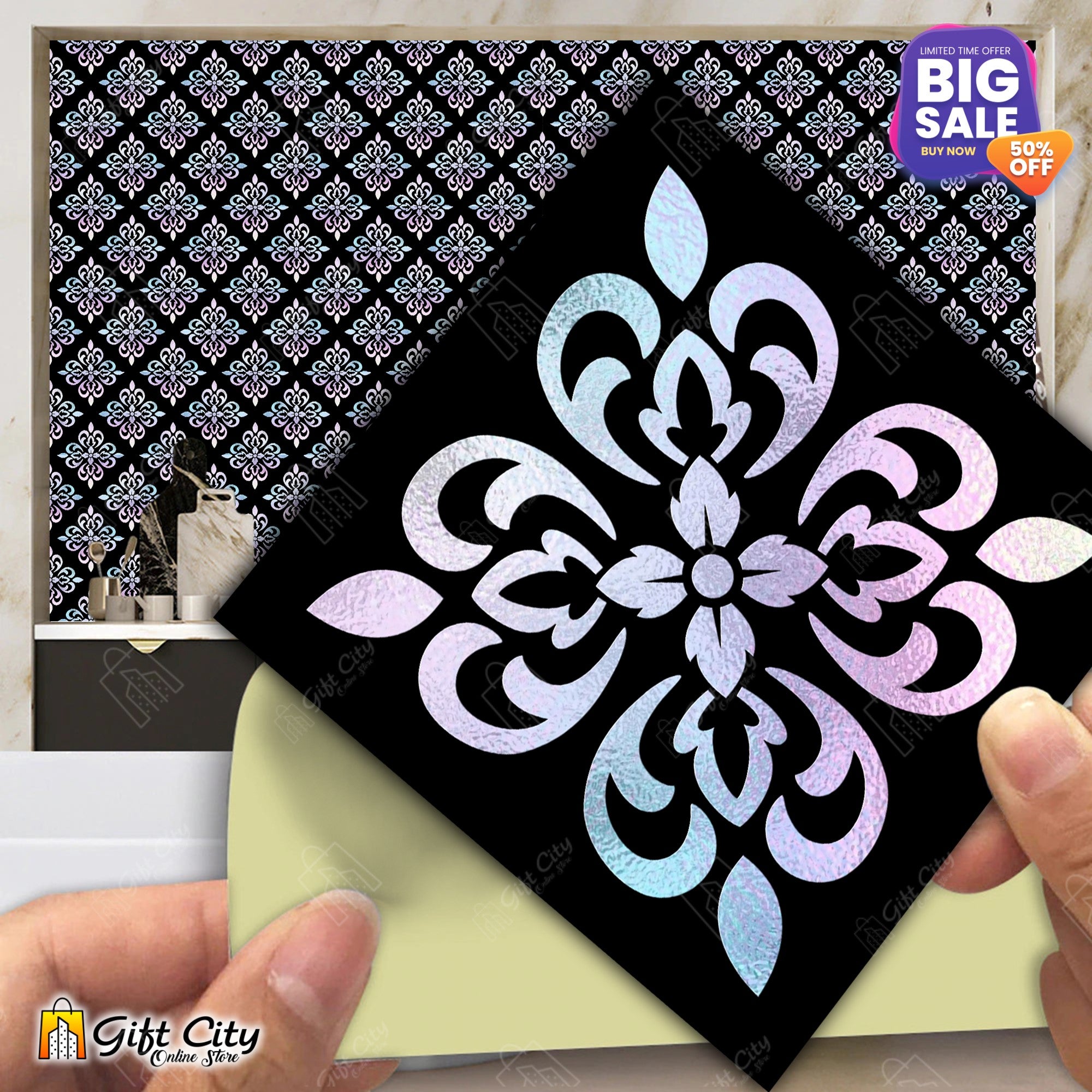 Silver Flower Foil Tile Stickers