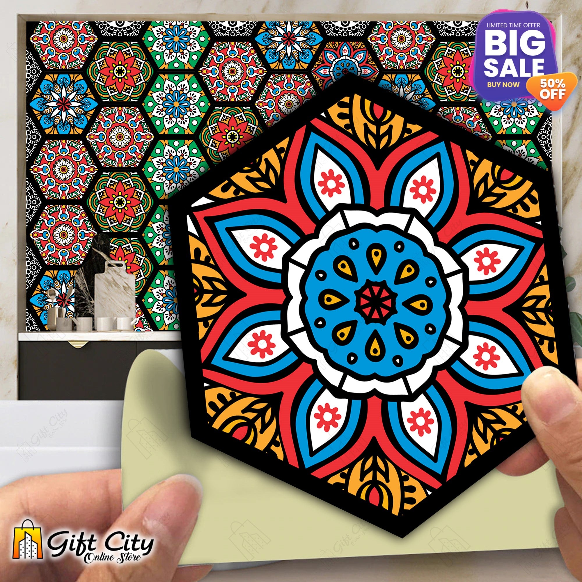 Hexagon Shape Colorful Mandala Pattern Design Tile Stickers