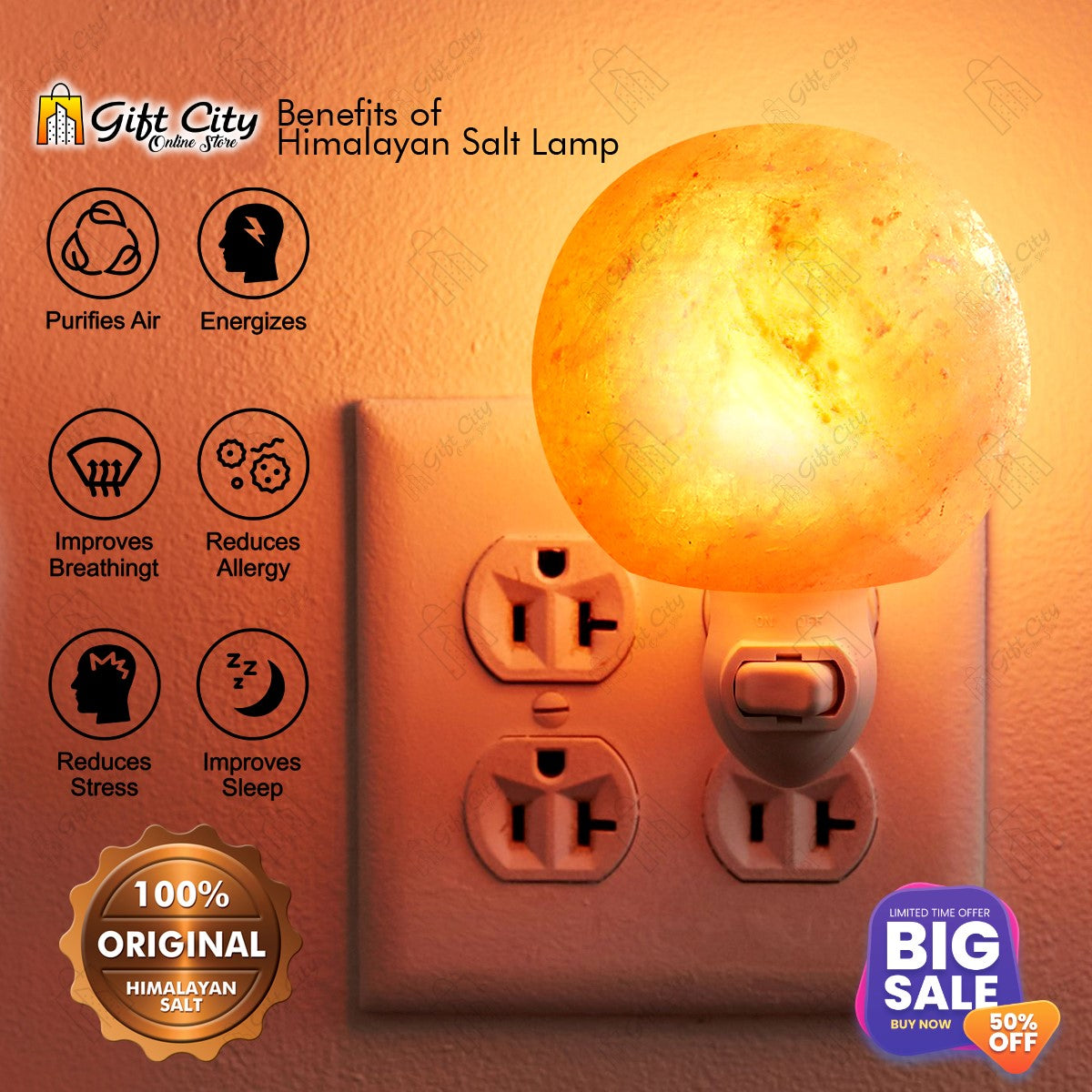 Air Purifying Ball Shape Crafted Himalayan Salt Night Light Lamp with Socket 