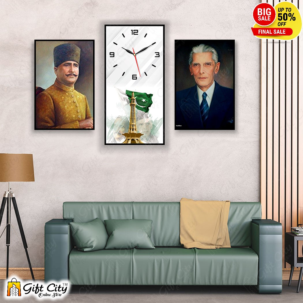 Quaid e Azam / Allama Iqbal 3 In 1 Frame Wall Clock