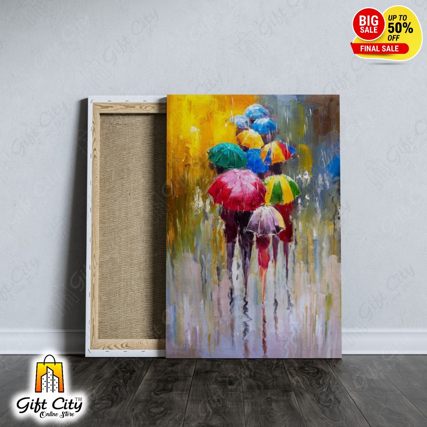 People With Umbrellas In Rain Canvas Painting with Frame Wall for Home Decor