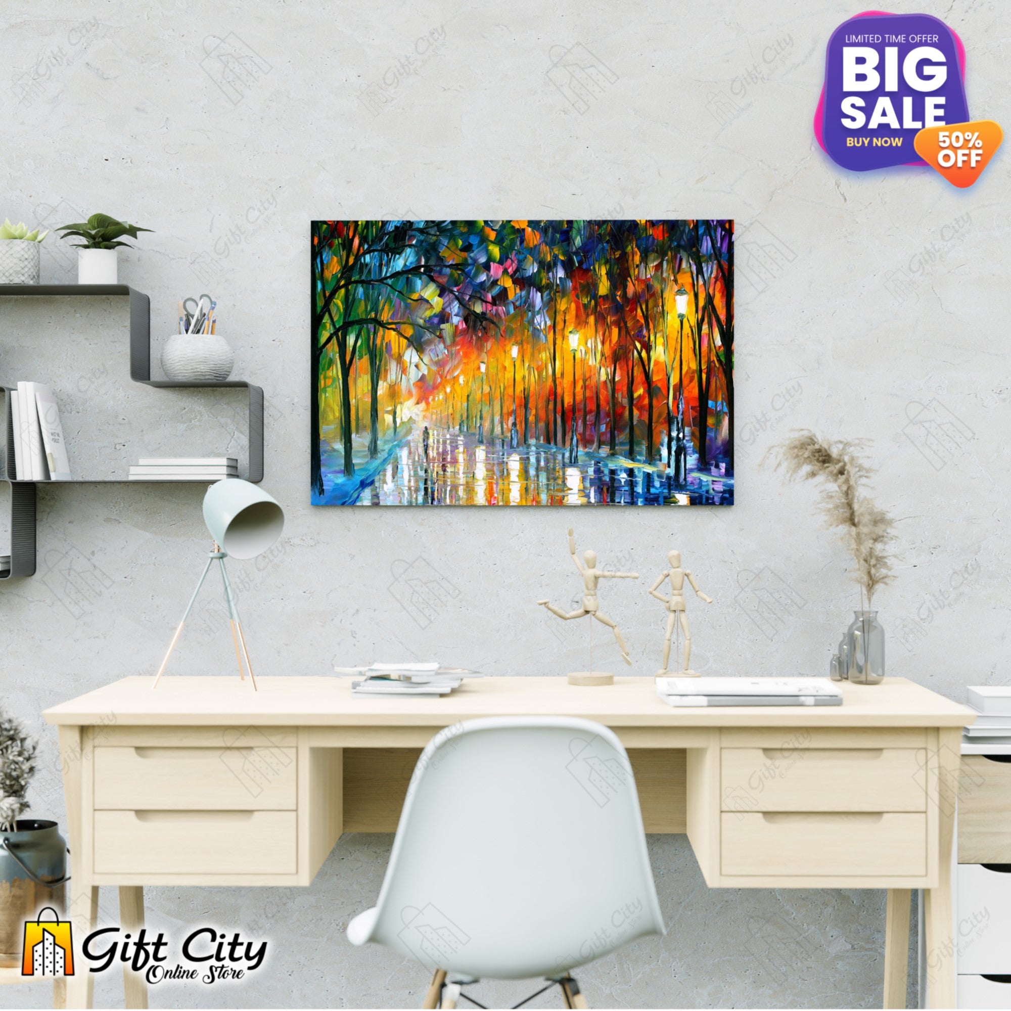 Street Light View Palette Knife Canvas Painting