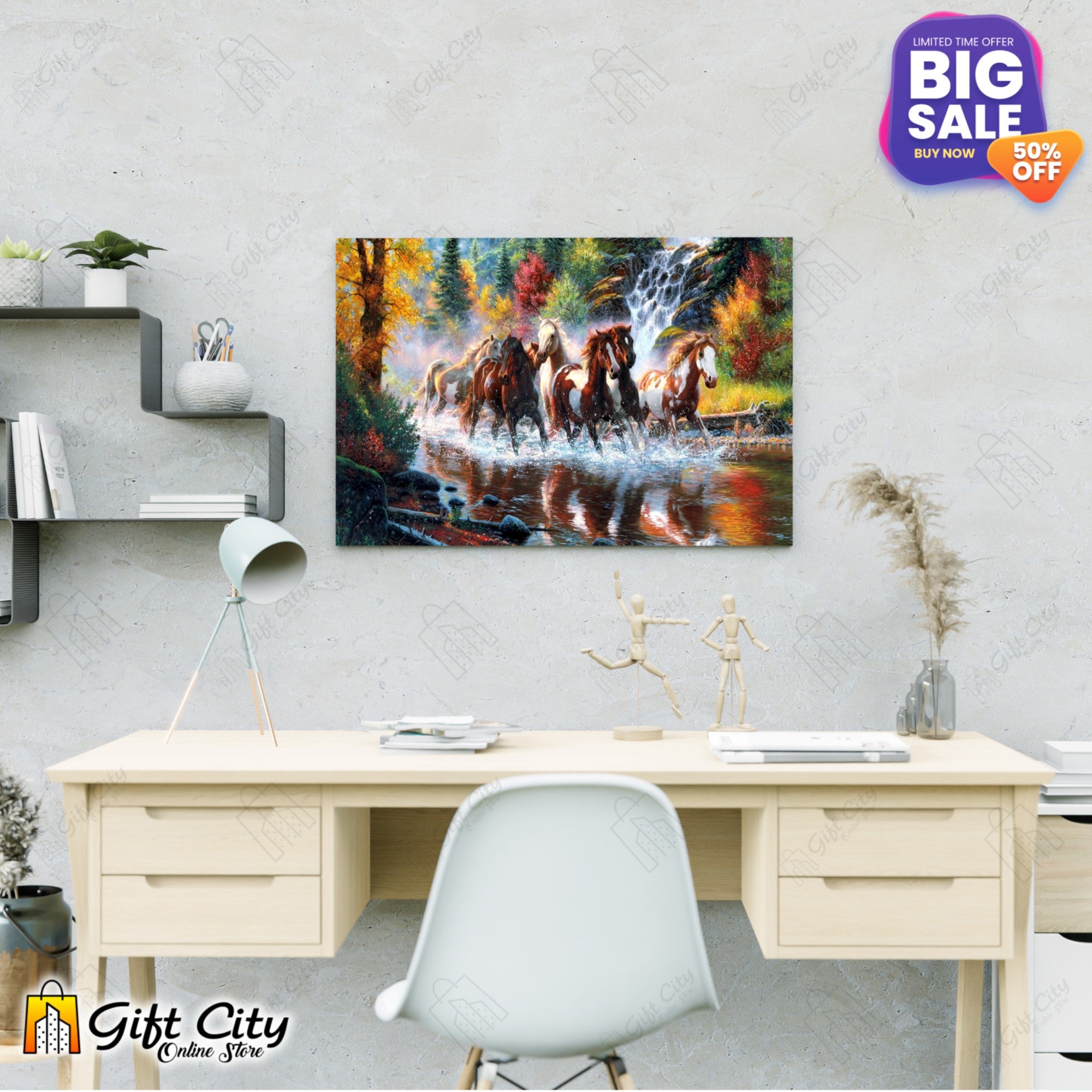 Horse Running in Waterfall Canvas Painting