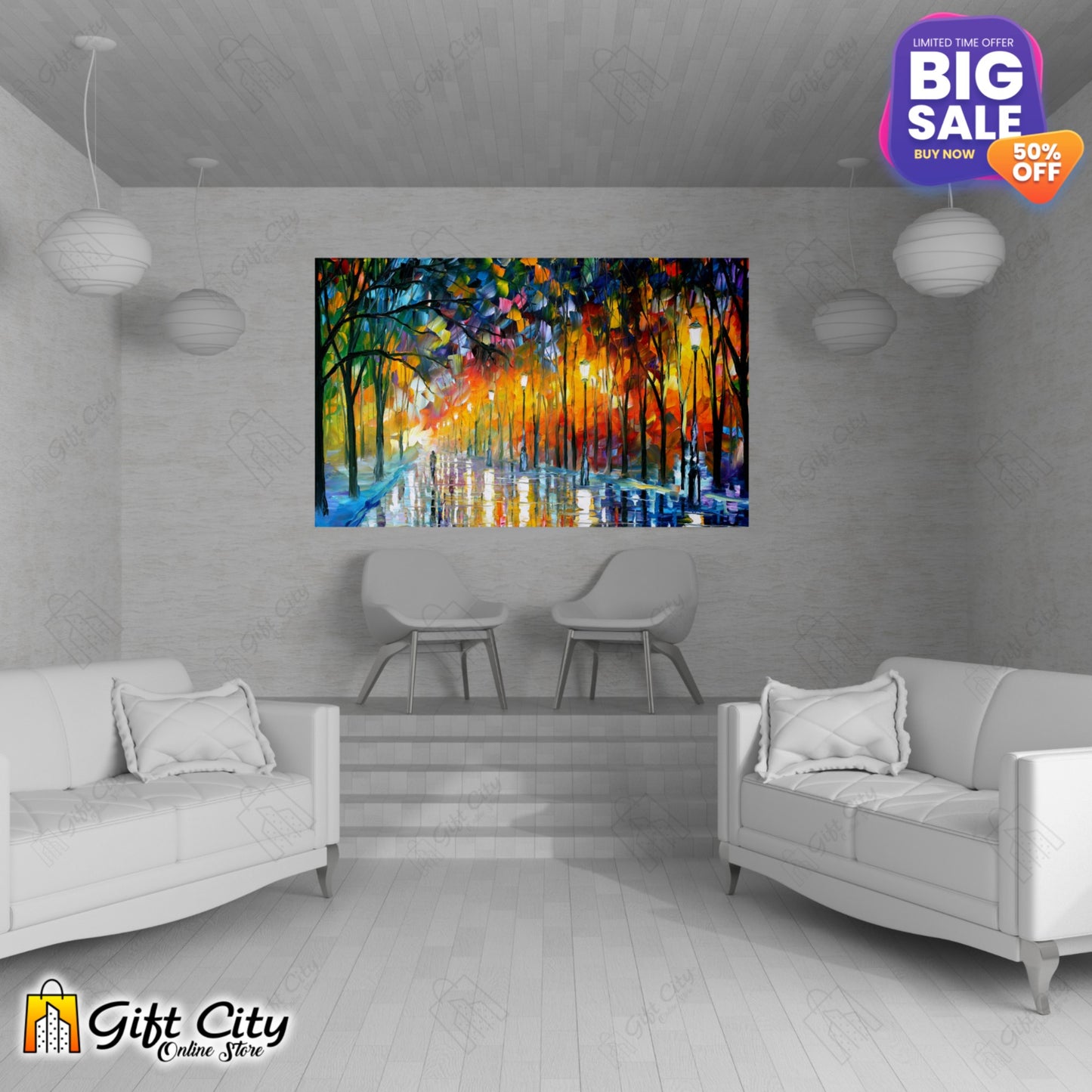 Street Light View Palette Knife Canvas Painting