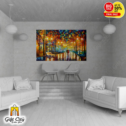 Romantic Couple Walking Palette Knife Canvas Painting