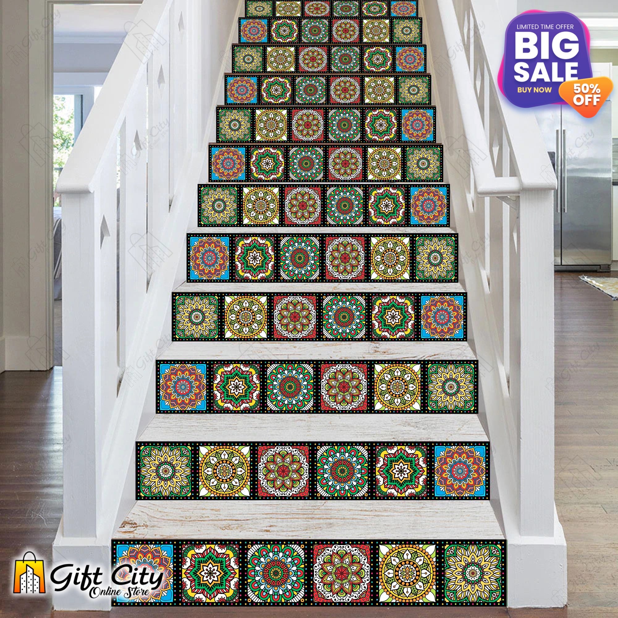 Colorful Mandala Pattern with Black Border Tile Stickers