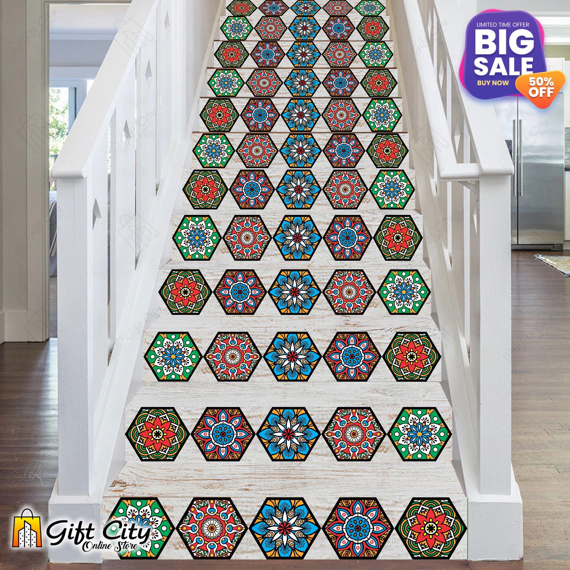 Hexagon Shape Colorful Mandala Pattern Design Tile Stickers