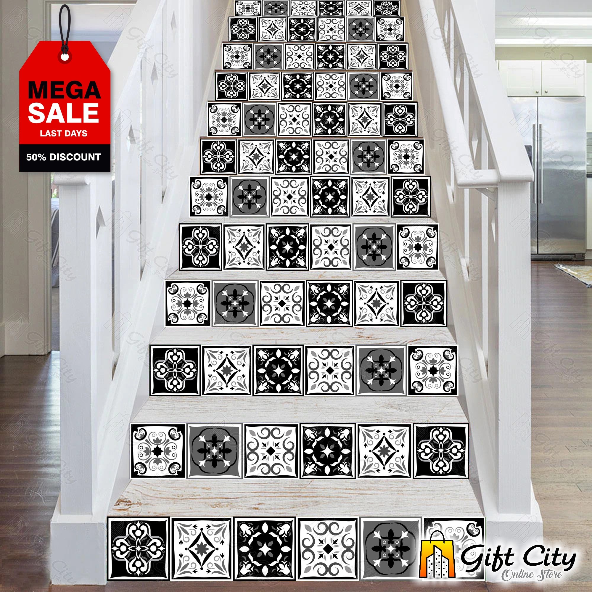 Black and White Multi Pattern Design Tile Stickers